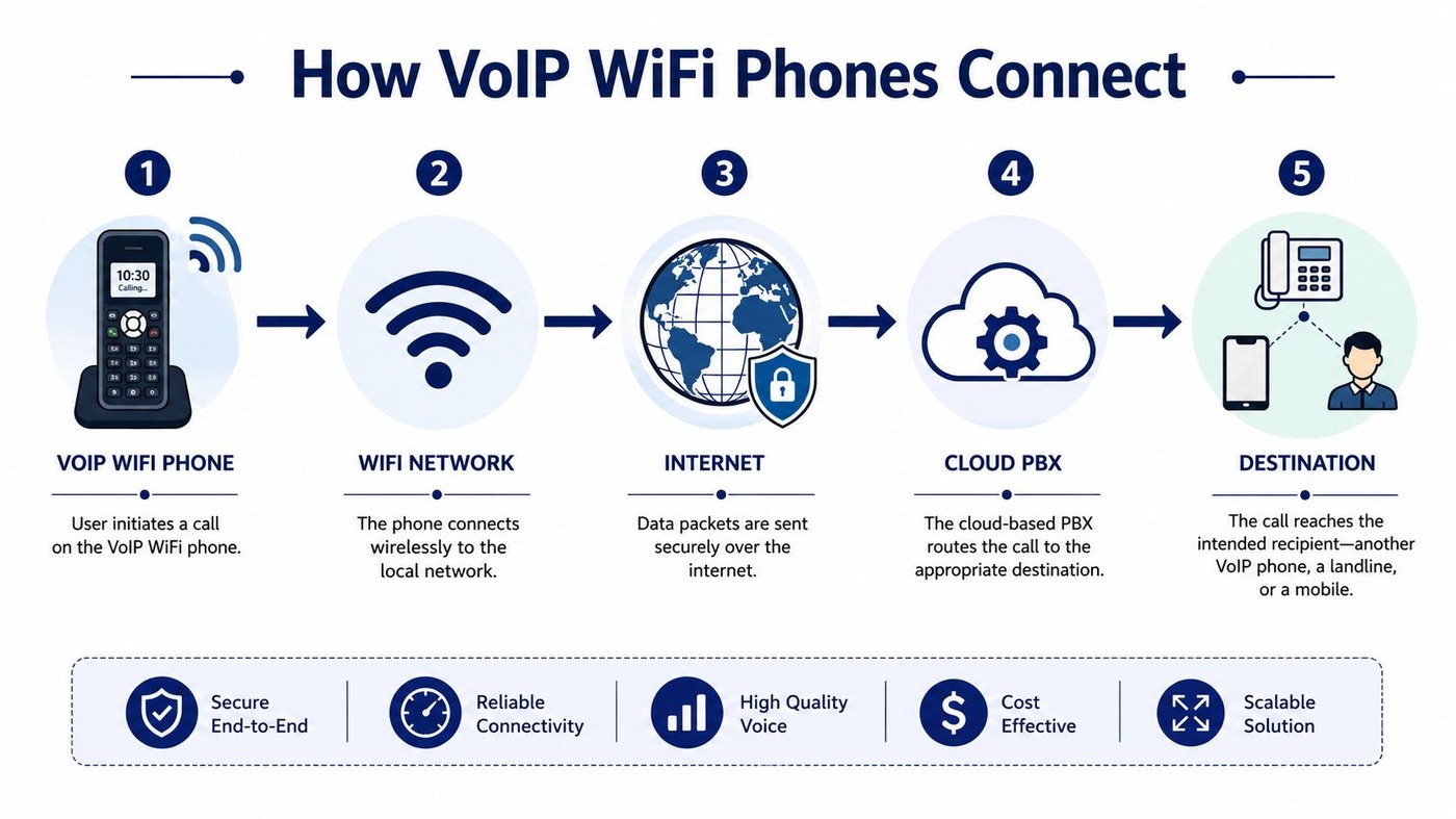Diagram of the five steps of how a VoIP WiFi phone connects: the phone, the WiFi network, the internet, the cloud PBX, and the destination
