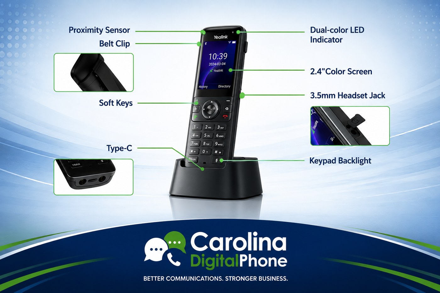 Yealink AX83H WiFi handset in its charging cradle with feature callouts including color screen, headset jack, belt clip, and Type-C charging